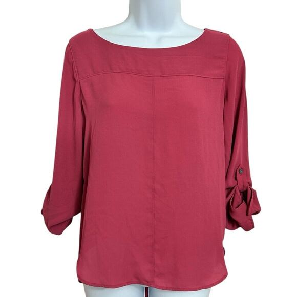 Ann Taylor LOFT Blouse Sz S Petite Rosy Pink Long Roll Tab Sleeves Career Office - Picture 2 of 7